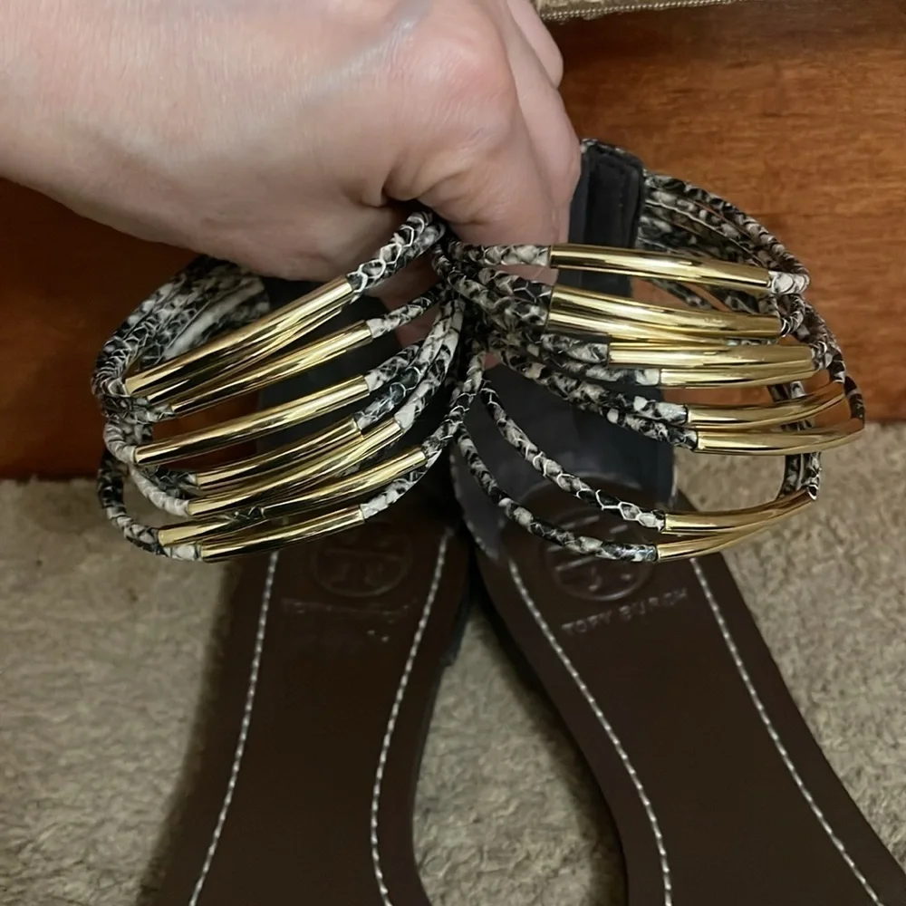 Tory Burch Beige Black Python Embossed Leather Mignon Braided Flat 8.5